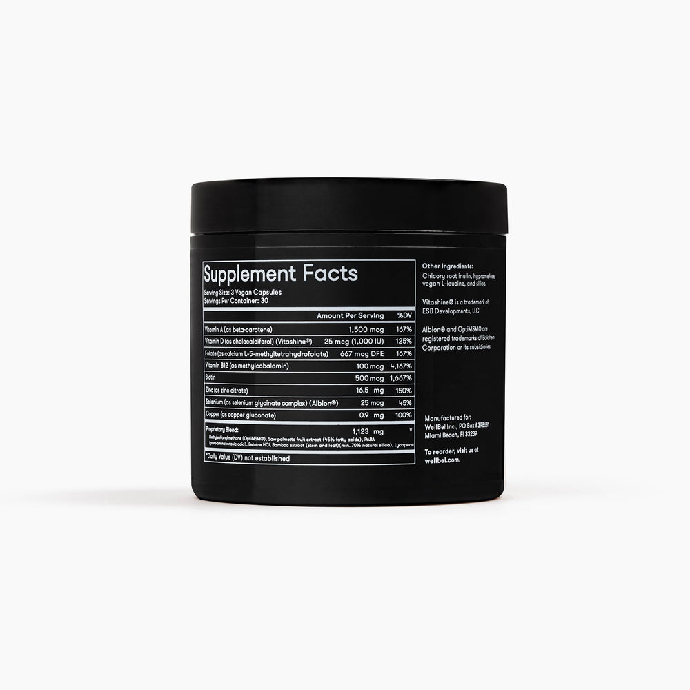 WELLBEL Men ingredients label highlights vegan, gluten-free, non-GMO formula