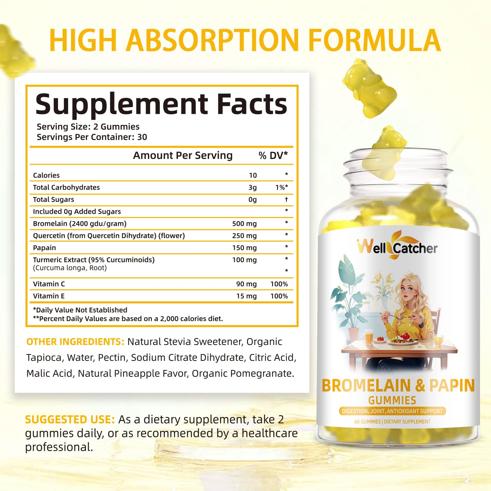 Wellcatcher bromelain papain gummies close-up emphasizing easy to chew texture and pineapple flavor.