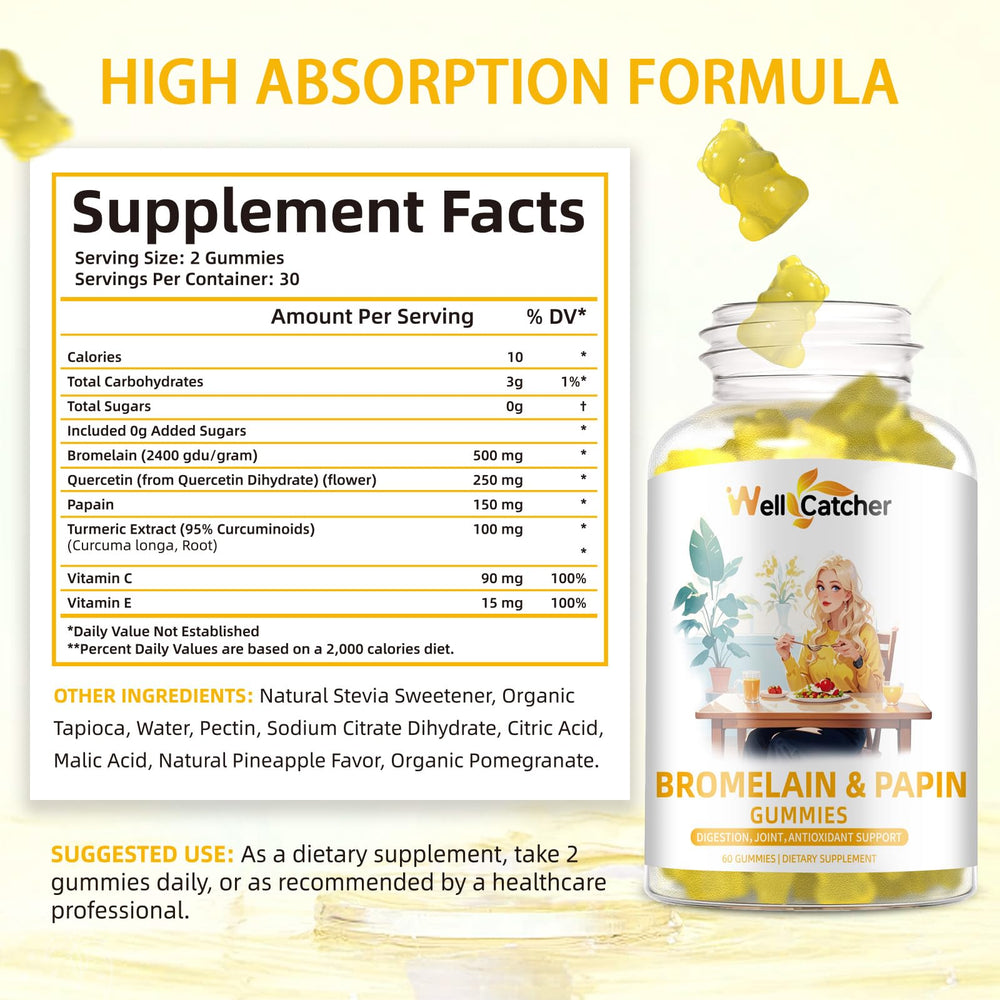 Wellcatcher bromelain papain gummies close-up emphasizing easy to chew texture and pineapple flavor.