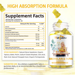 Wellcatcher bromelain papain gummies close-up emphasizing easy to chew texture and pineapple flavor.