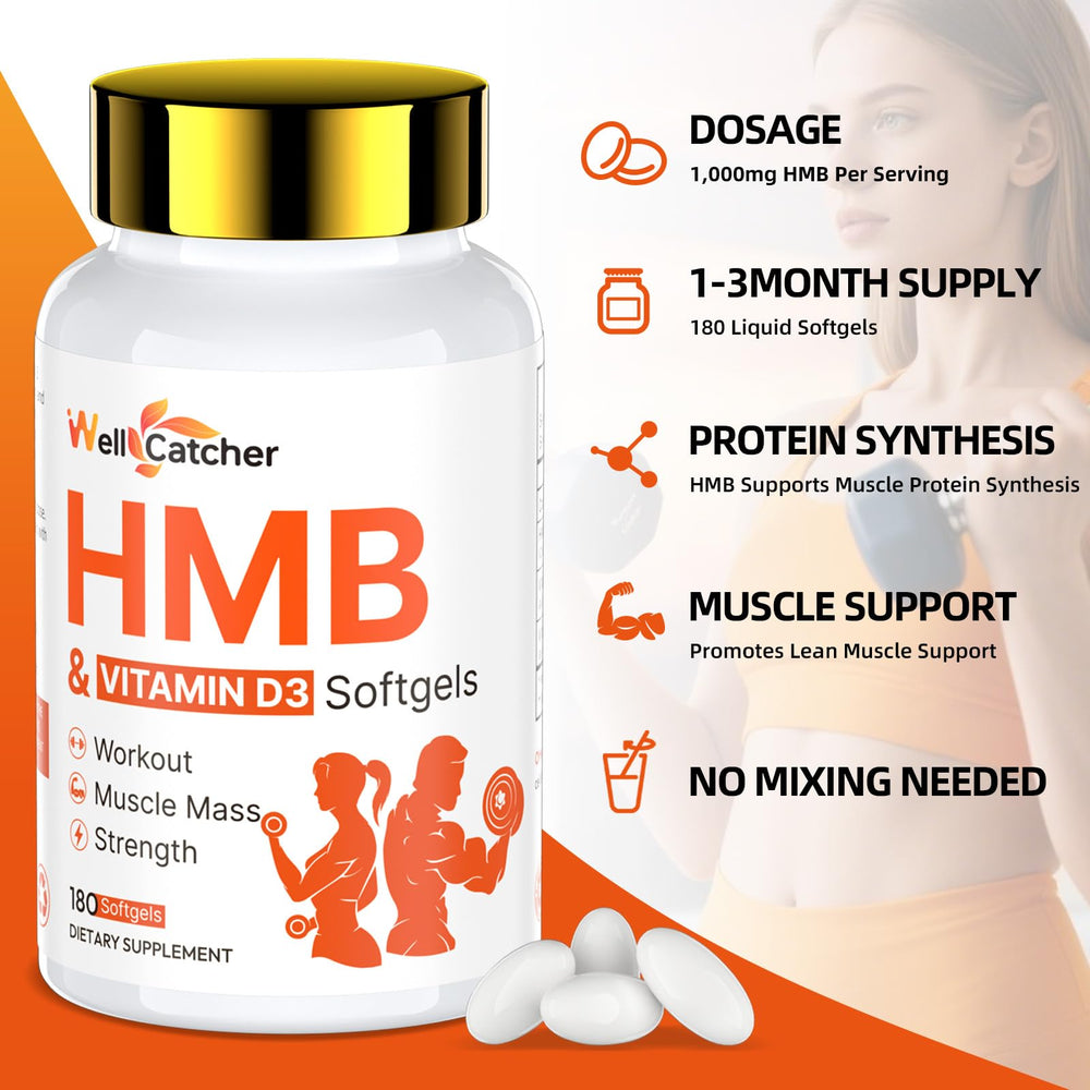 Wellcatcher HMB bottle close-up showing dosage