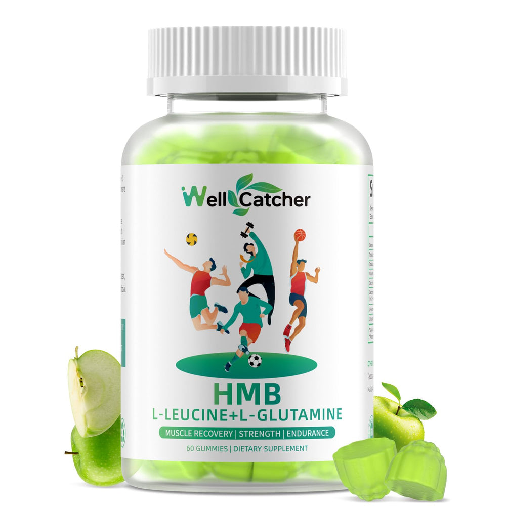 Wellcatcher HMB Leucine Gummies bottle close-up for post-workout recovery.