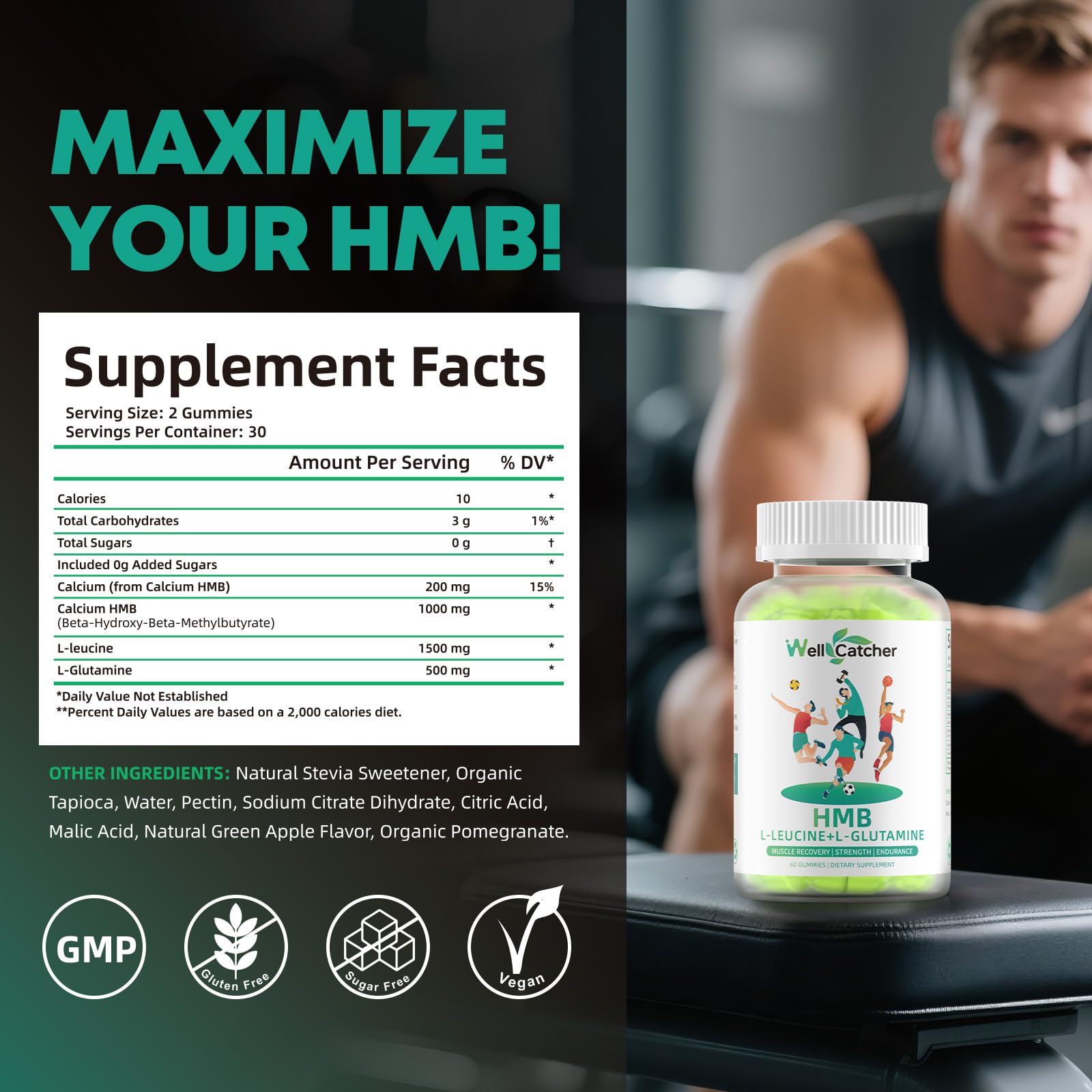 Wellcatcher HMB Leucine Gummies texture close-up shows chewy convenience.