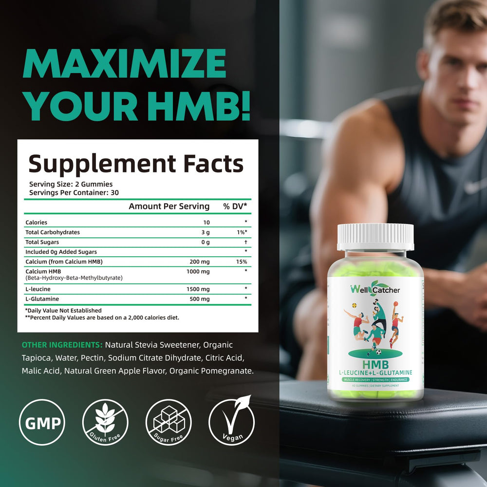 Wellcatcher HMB Leucine Gummies texture close-up shows chewy convenience.