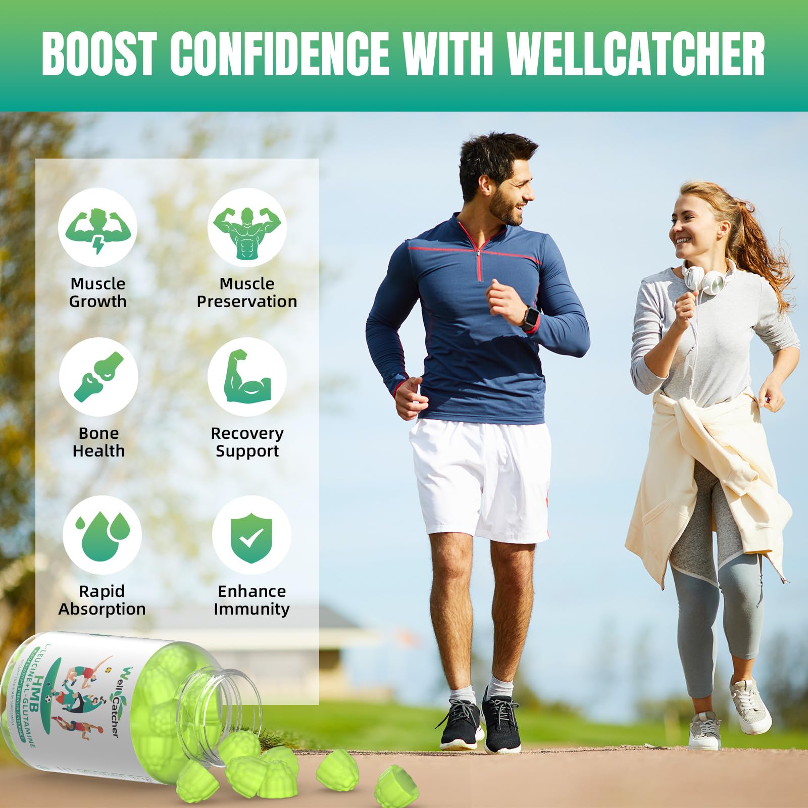 Wellcatcher HMB Leucine Gummies vegan-non-gmo label close-up.
