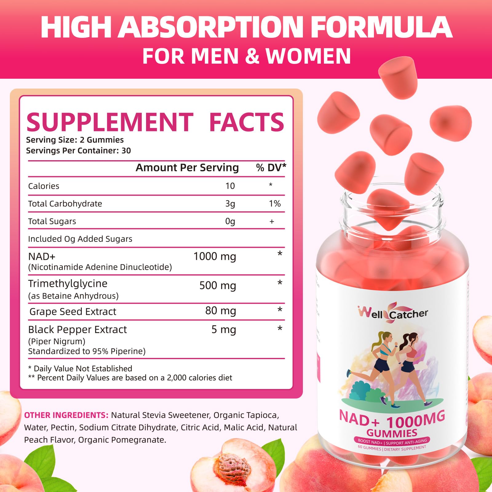 Wellcatcher NAD+ Plus gummies bottle closeup with peach flavor for easy daily routines