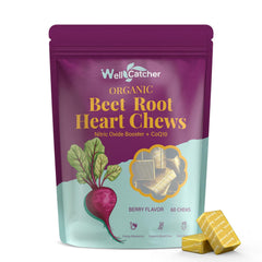 Wellcatcher Organic Beet Root Chews bottle front shows heart health support and vegan formula.