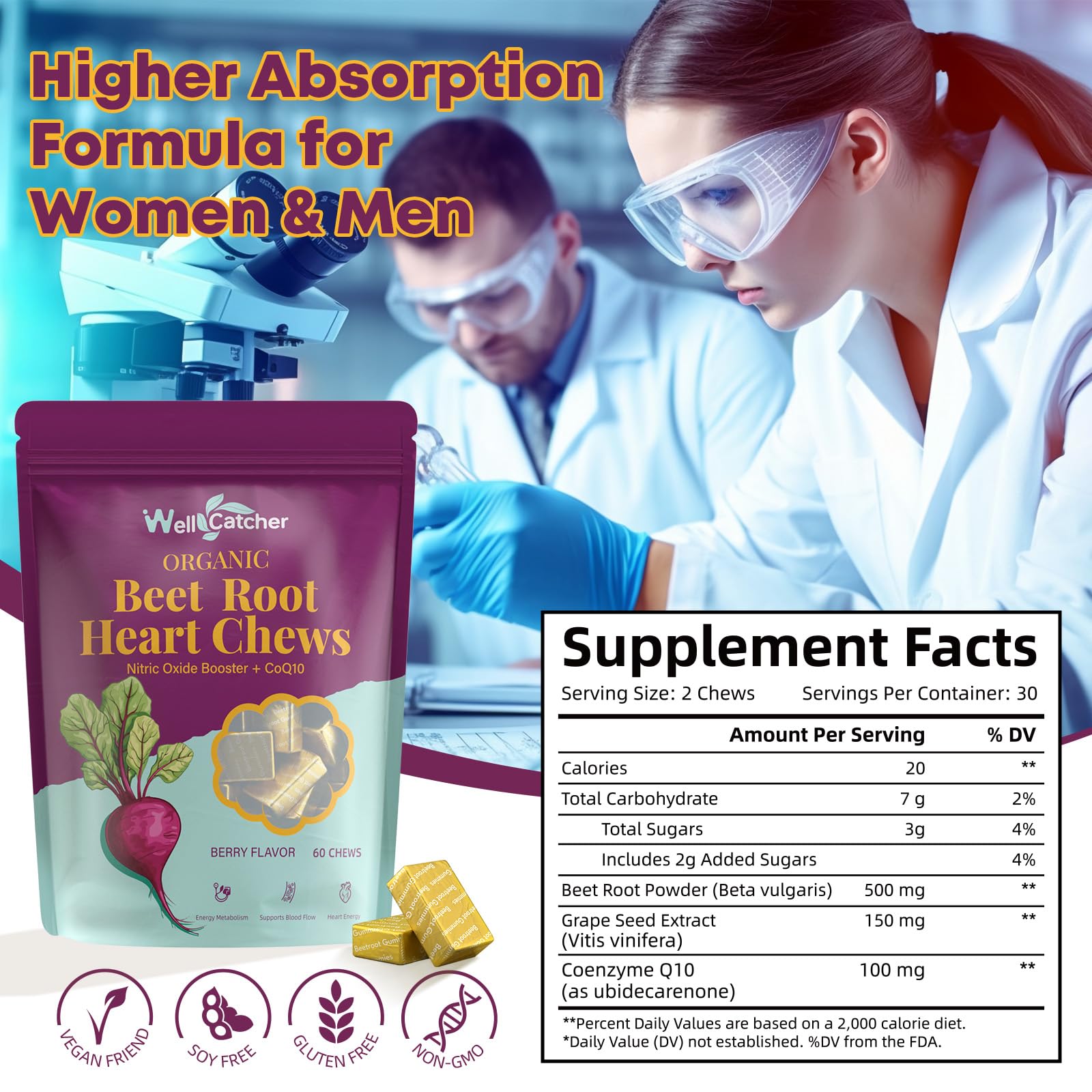 Wellcatcher Beet Root Chews close-up highlights chewy texture and berry flavor.
