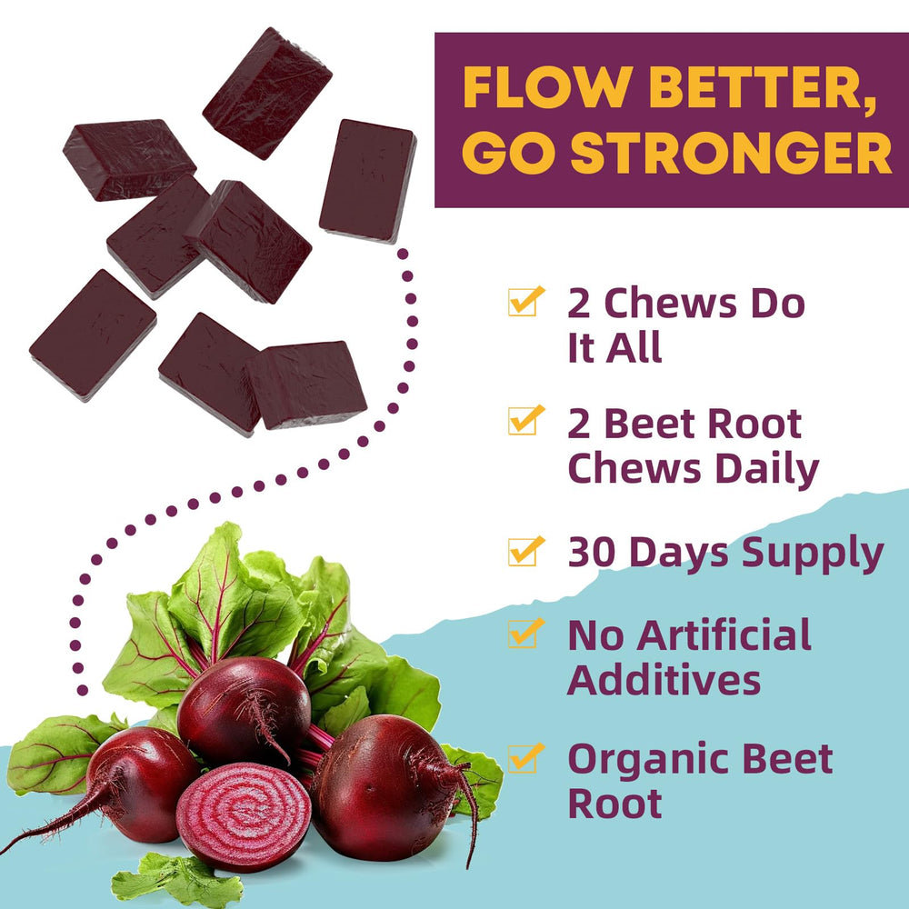 Wellcatcher Beet Root Chews gummy texture shown alongside CoQ10 capsules.