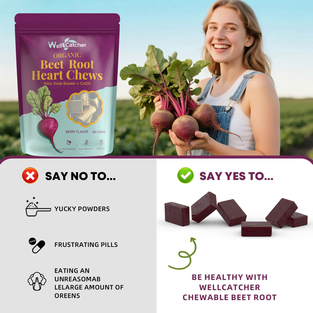 Wellcatcher Beet Root Chews packaging design reflects premium non-GMO formula.