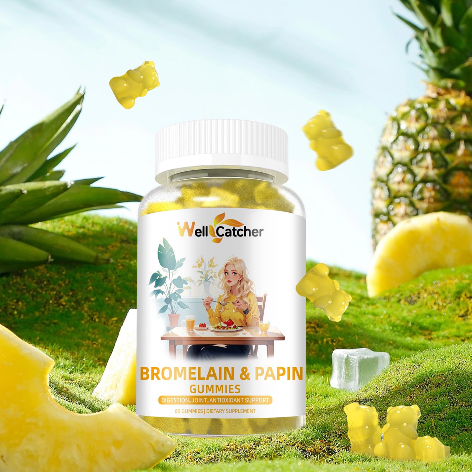 Wellcatcher pineapple-flavored gummies with bright fruit-forward appeal.