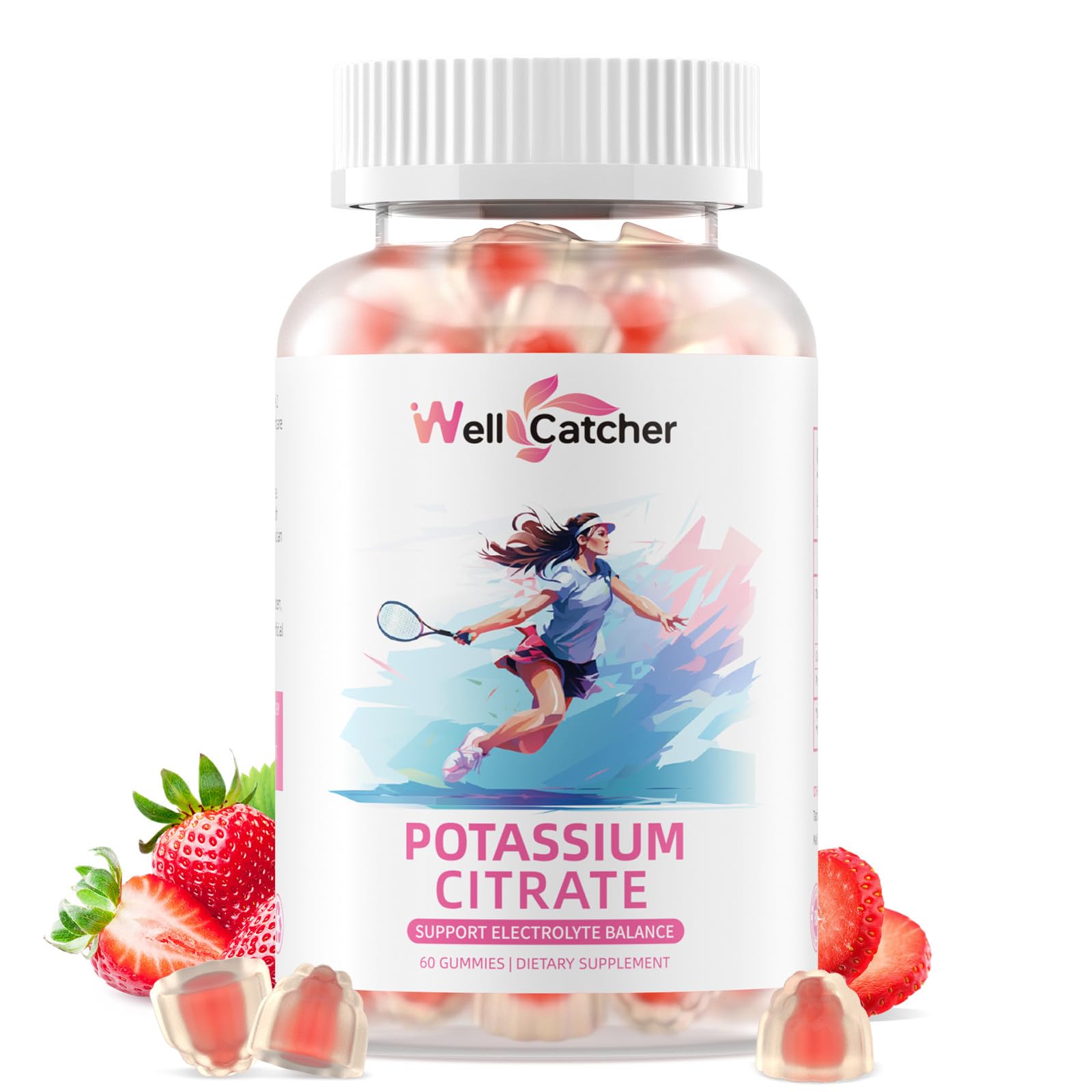 Wellcatcher potassium gummies bottle with strawberry flavor supports daily electrolyte balance