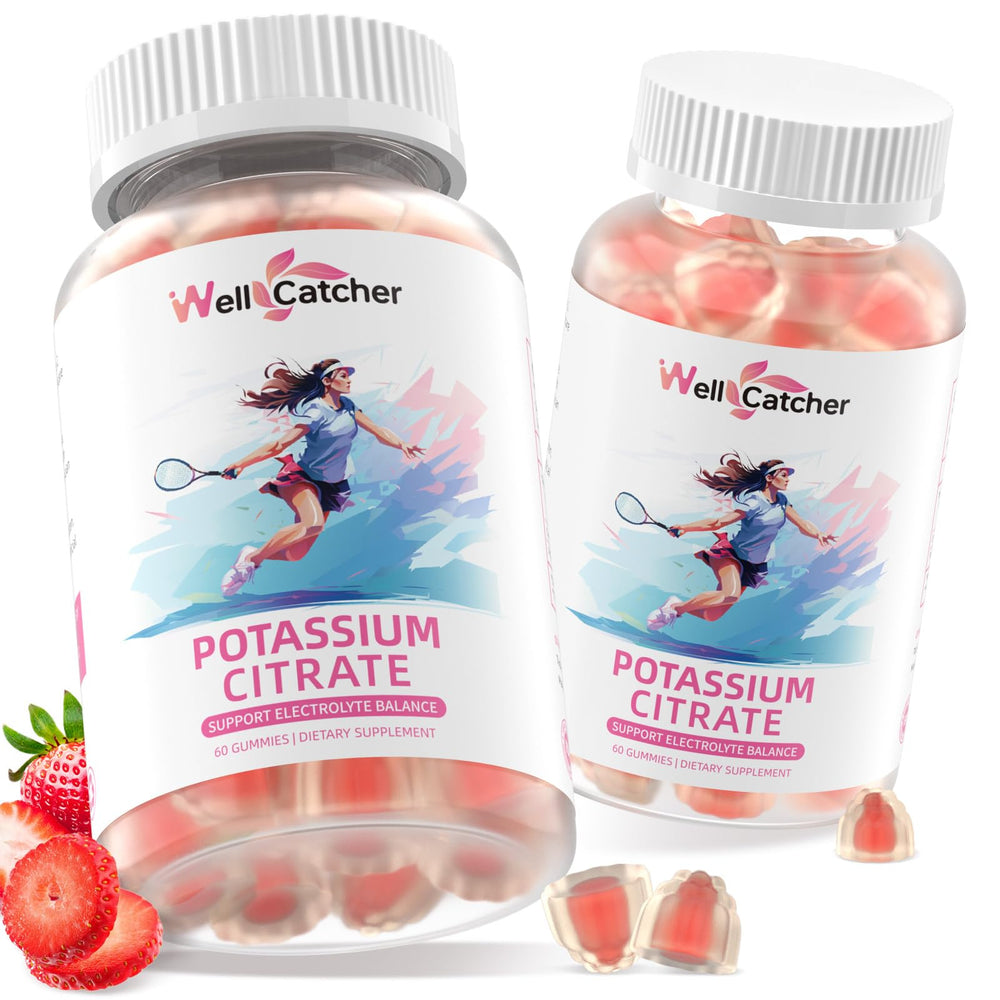 Wellcatcher potassium gummies on a glass with two gummies daily-use setup