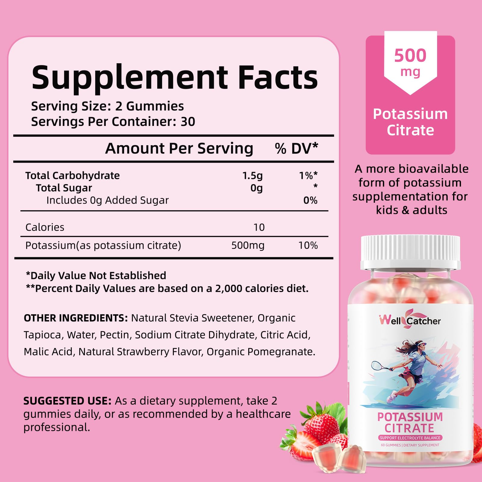 Wellcatcher potassium gummies closeup shows 500 mg potassium citrate per serving