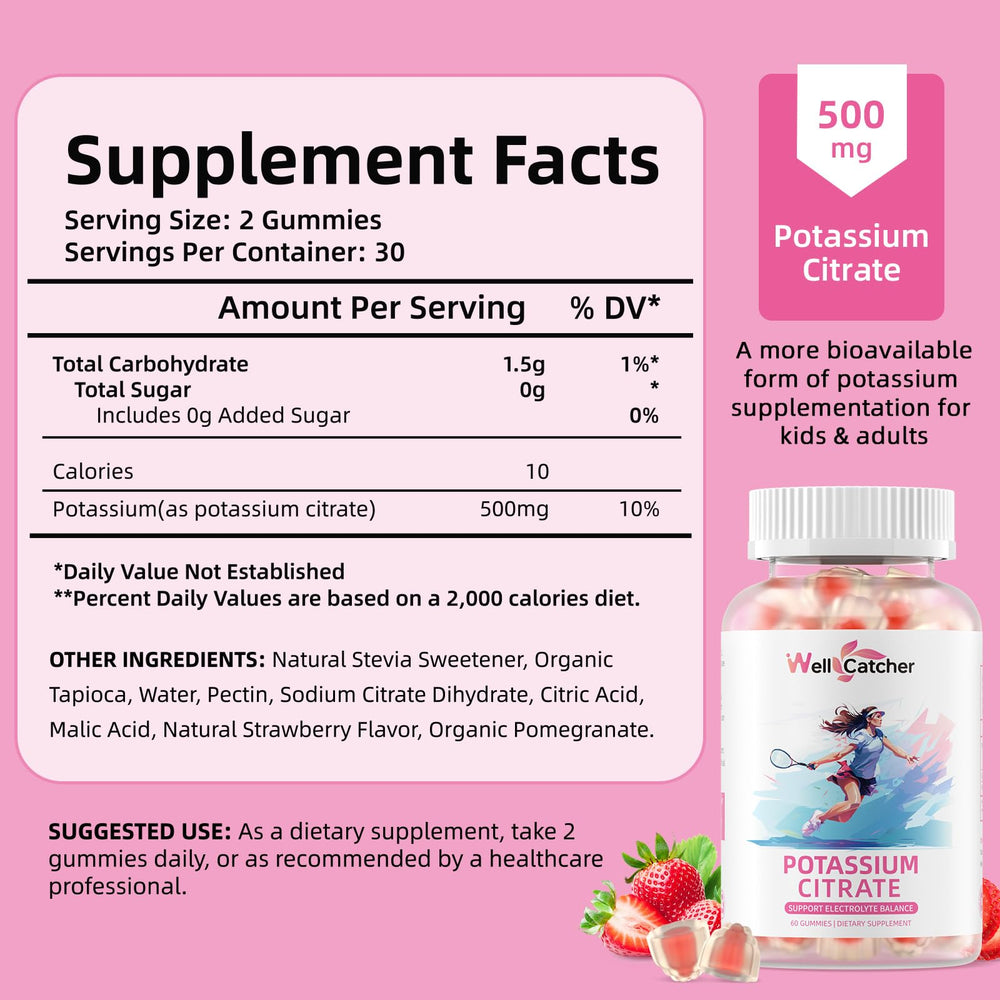 Wellcatcher potassium gummies closeup shows 500 mg potassium citrate per serving