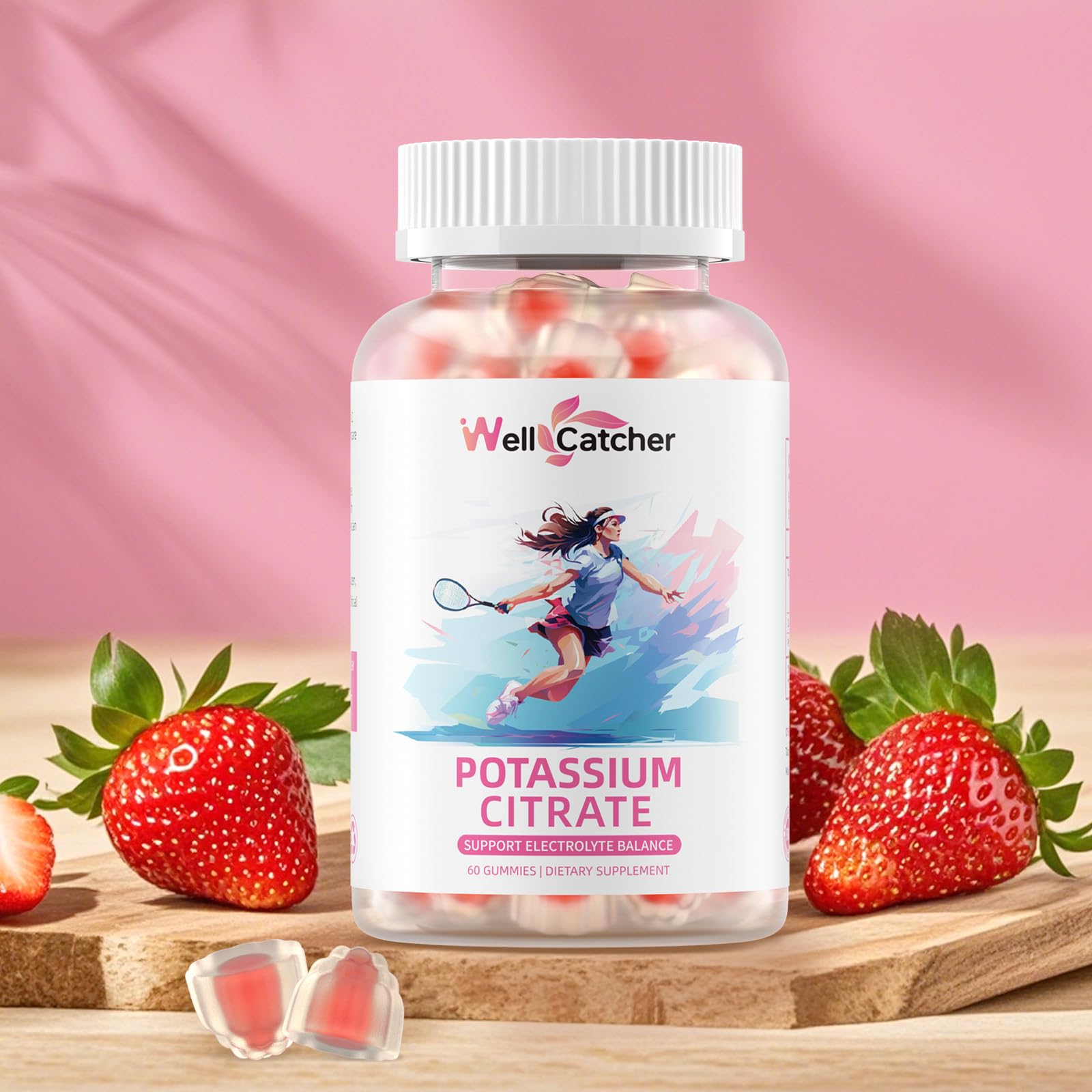 Wellcatcher potassium gummies vegan non-GMO symbol highlights clean-label appeal