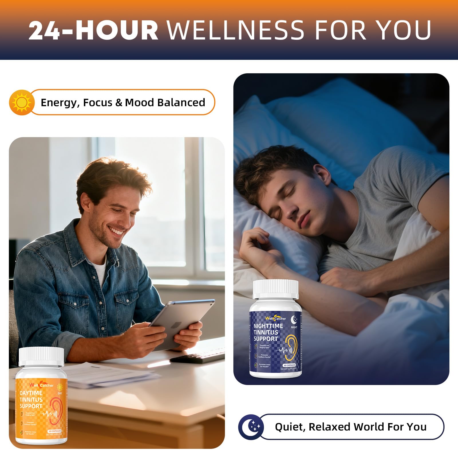 Wellcatcher Tinnitus Support box packaging with clean branding and product benefits