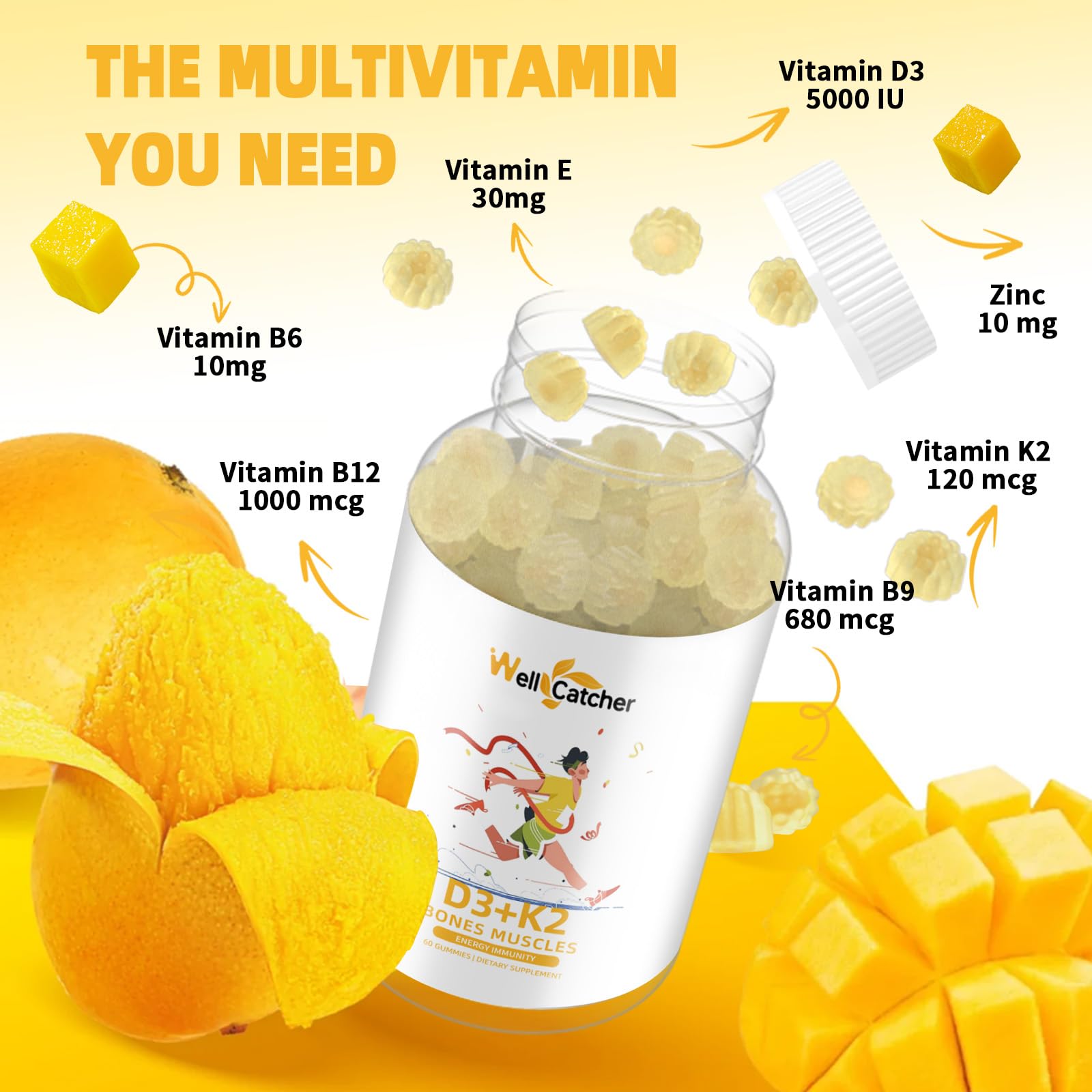 Wellcatcher Vitamin D3 K2 Gummies ingredients panel listing B vitamins and zinc