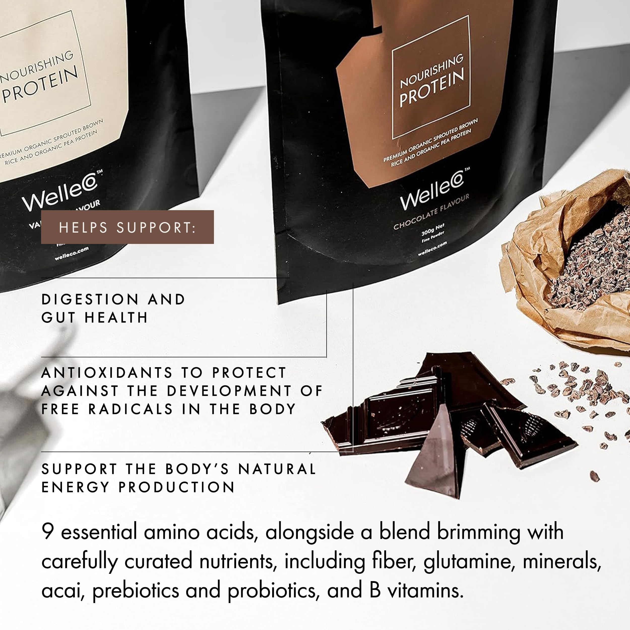 Label highlighting digestive enzymes and probiotics on WelleCo product.