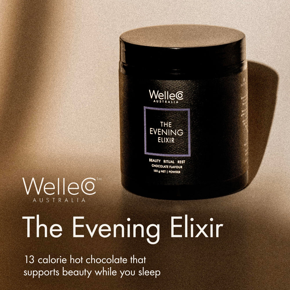 WelleCo Evening Elixir jar label highlighting antioxidant ingredients for skin and relaxation.