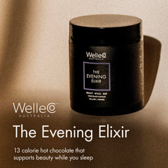 WelleCo Evening Elixir jar label highlighting antioxidant ingredients for skin and relaxation.