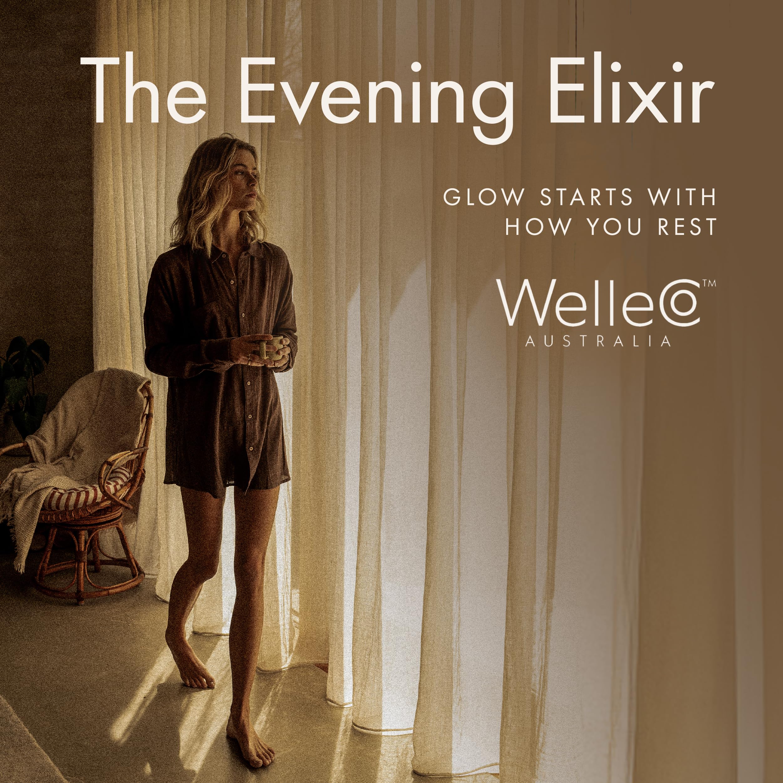 WelleCo Evening Elixir nighttime ambience promoting relaxation and skincare routine.