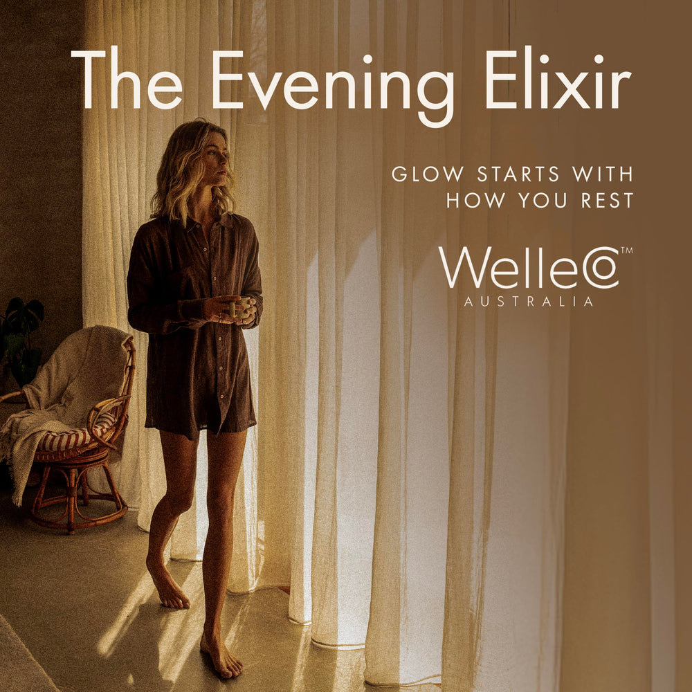 WelleCo Evening Elixir nighttime ambience promoting relaxation and skincare routine.