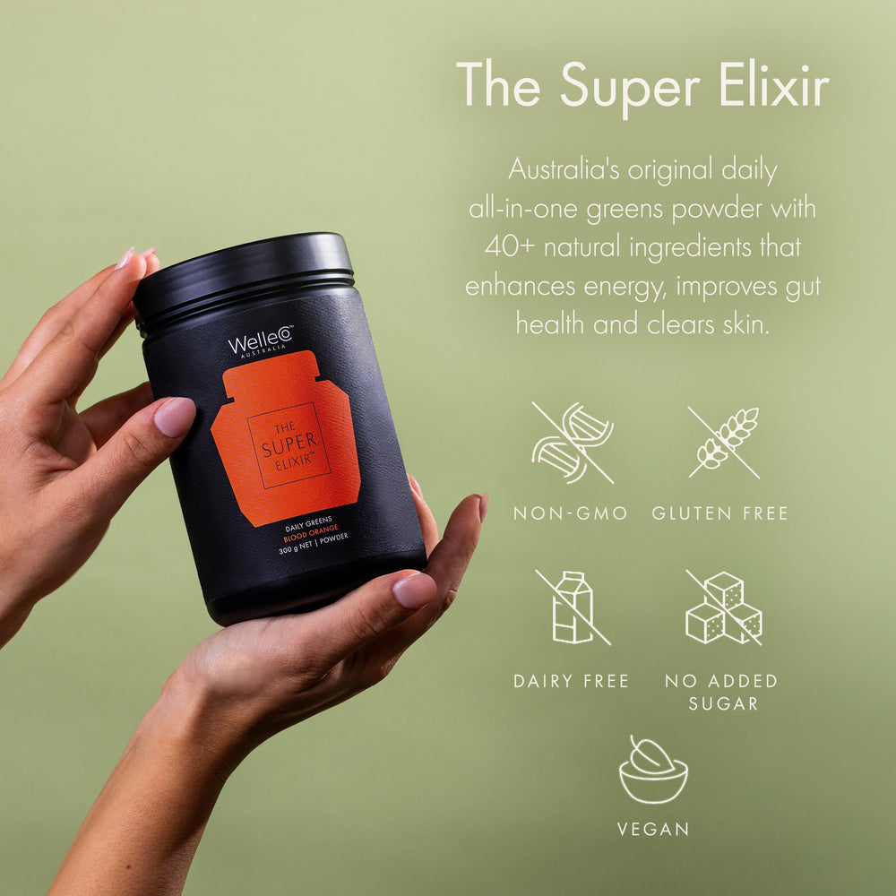WelleCo Super Elixir mixed with coconut water for morning boost.