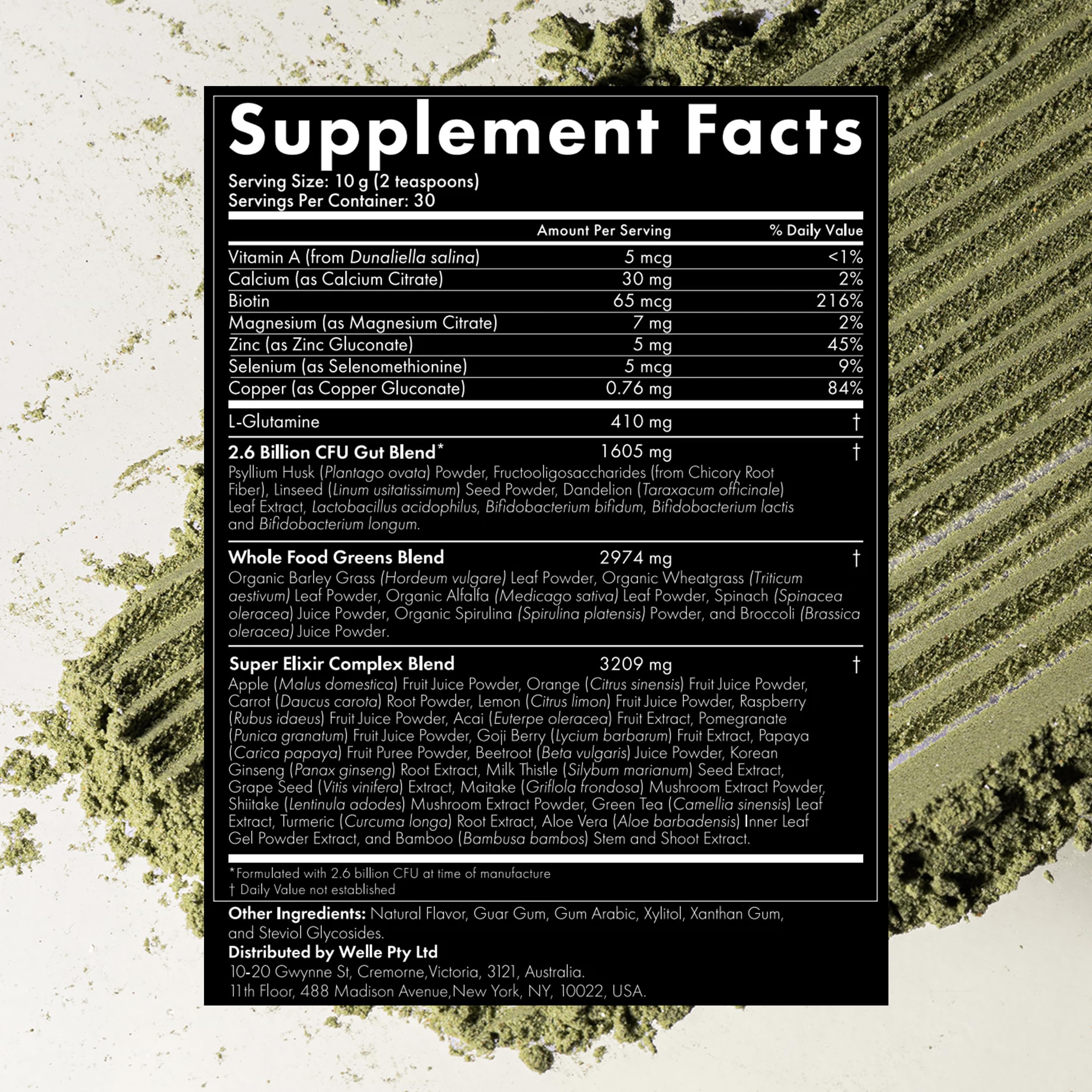 WelleCo Super Elixir packaging highlights natural ingredients.