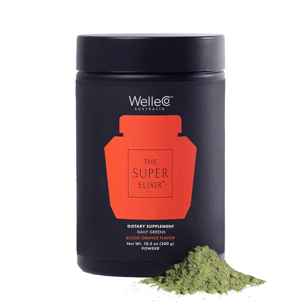 WelleCo The Super Elixir powder bottle for daily greens and energy.