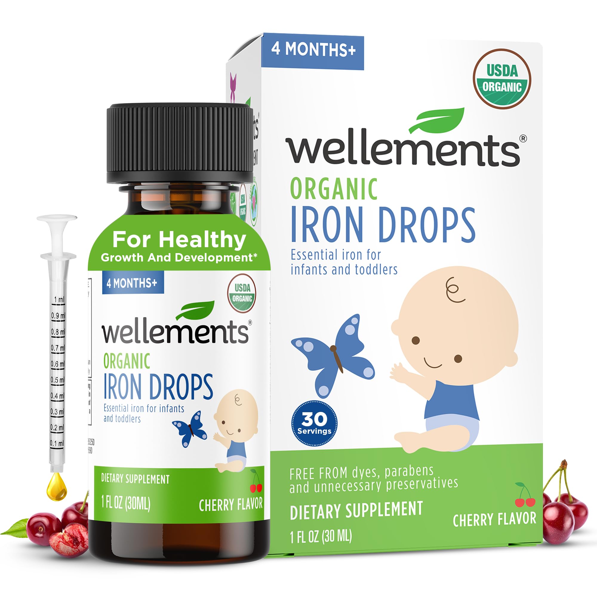 Wellements Organic Iron Drops bottle with easy dispenser for gentle infant iron supplementation