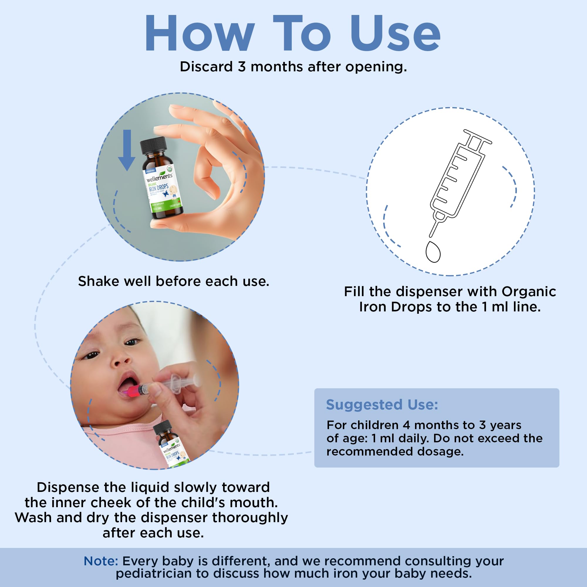 Label on Wellements Organic Iron Drops highlighting organic certification and allergen-free claim