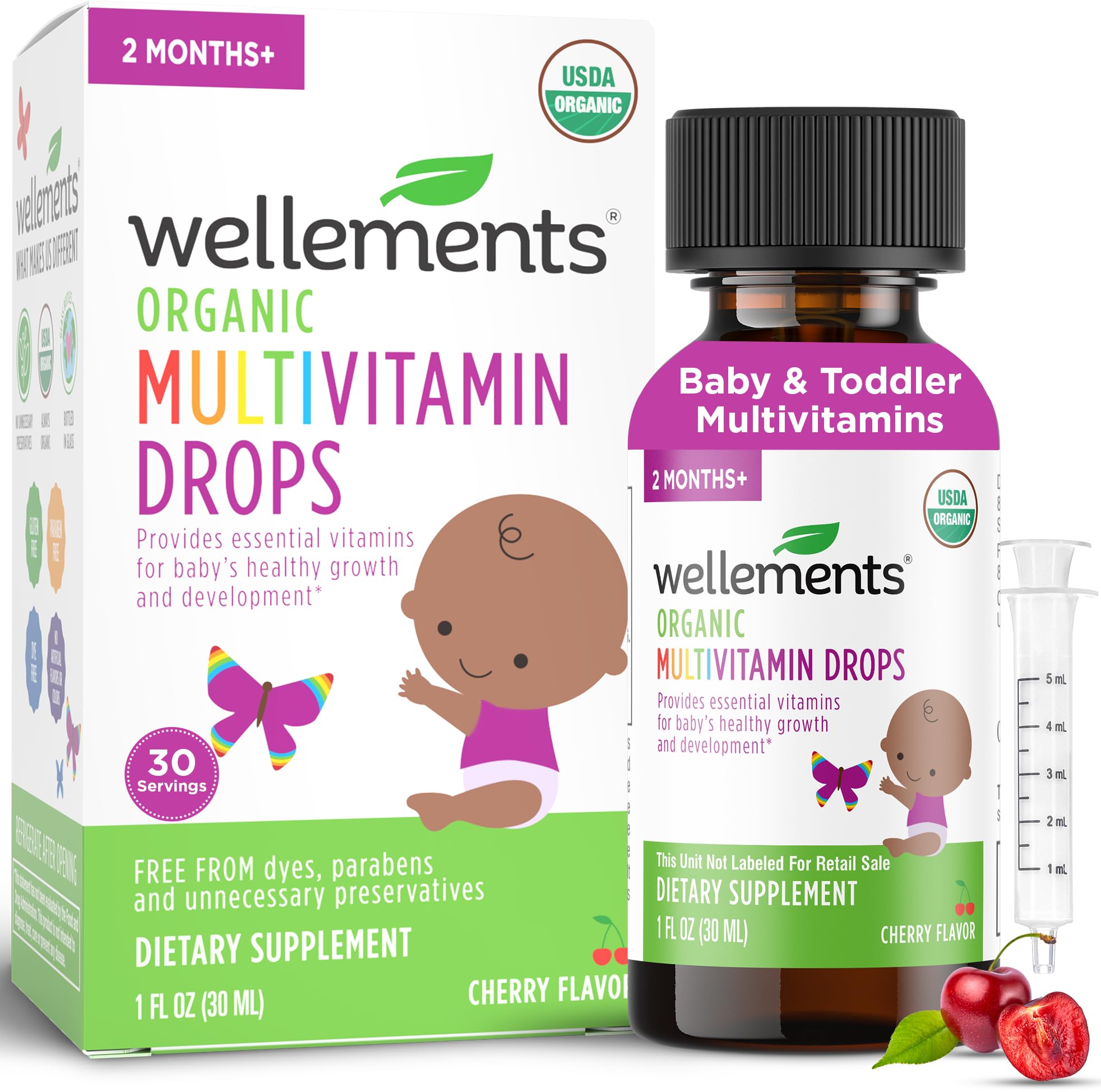 Wellements Organic Baby Multivitamin Drops cherry bottle supports daily vitamin intake for toddlers.