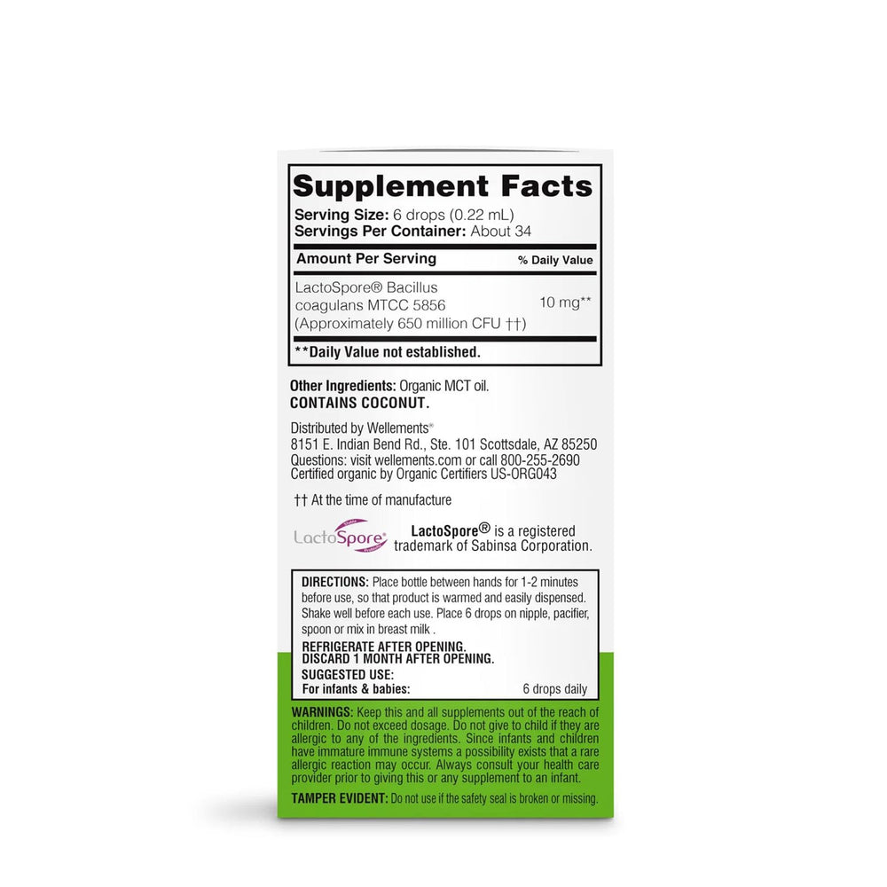 Wellements Organic Baby Probiotic Drops in a feeding scene for routine-friendly gut support