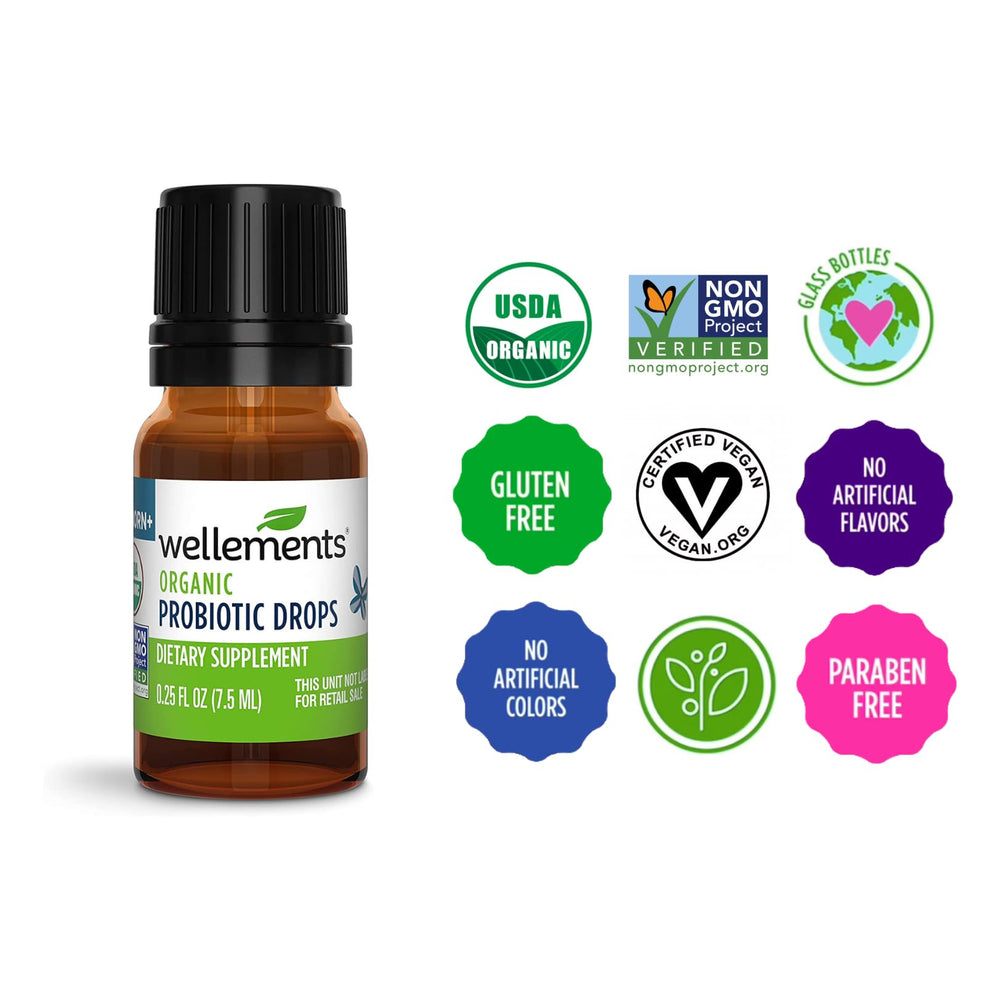 Wellements Organic Baby Probiotic Drops ingredient label highlights organic MCT oil and probiotic strain