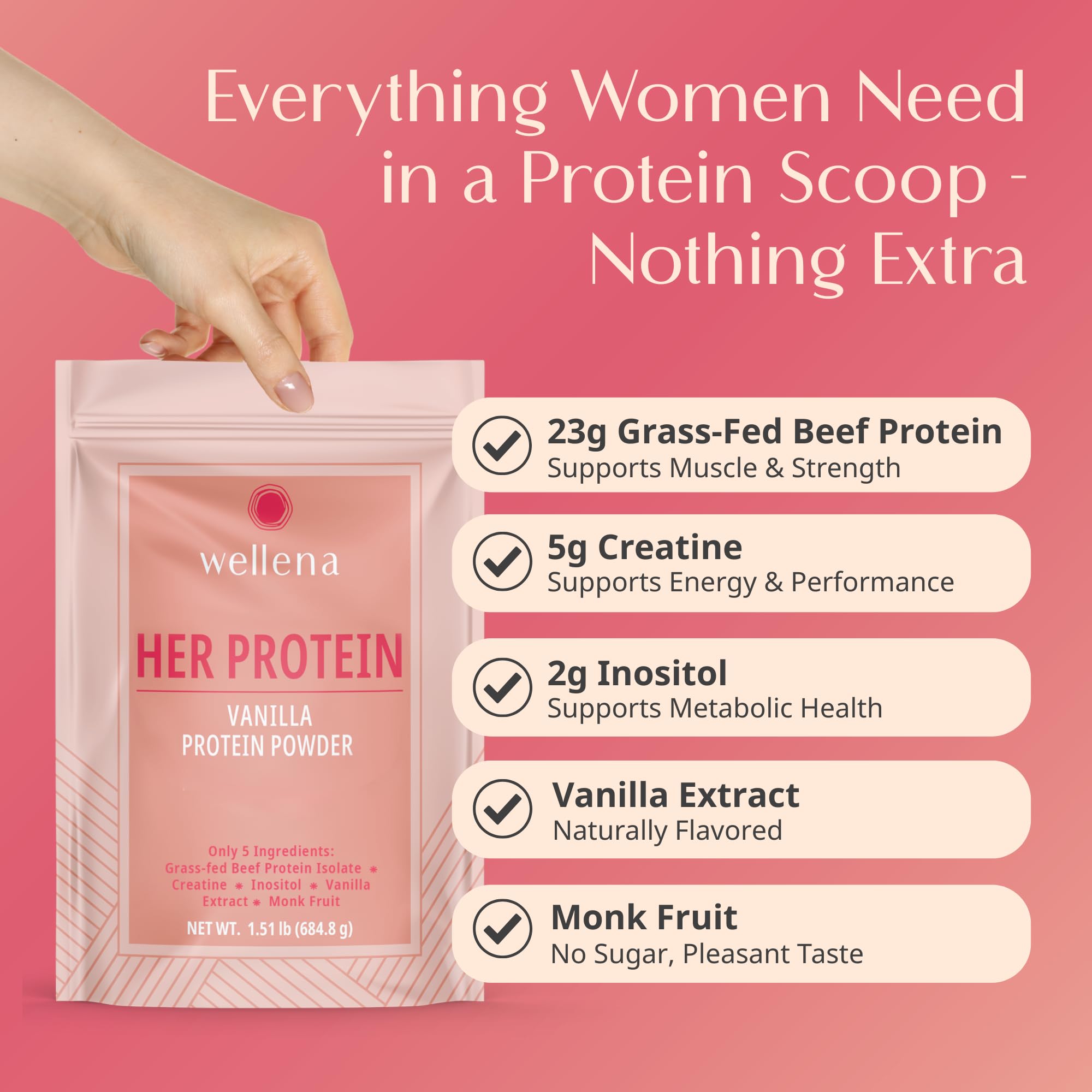 Wellena Her Protein creatine powder shown with bottle for energy support.