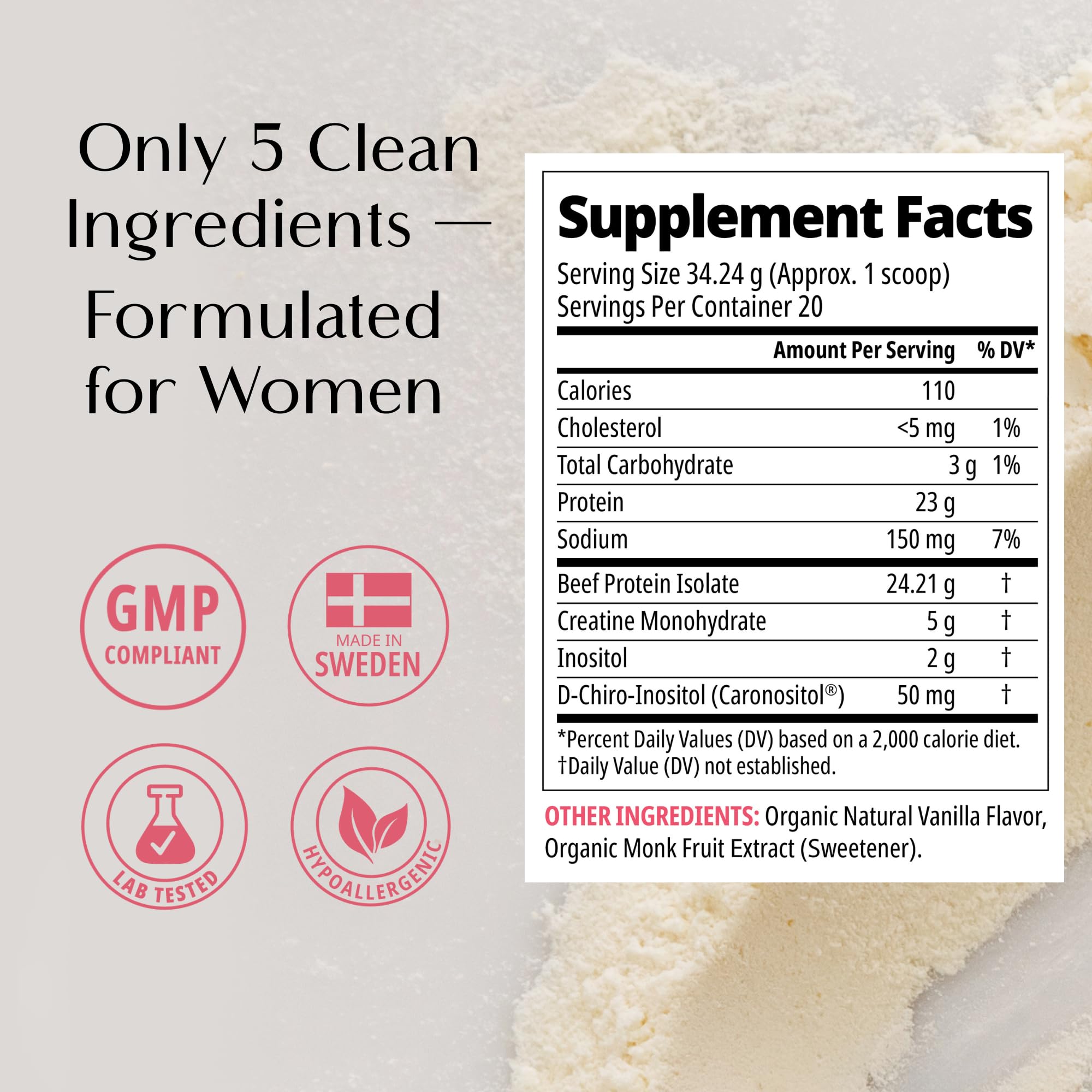 Wellena Her Protein vanilla scoop beside bottle for smooth daily shakes.
