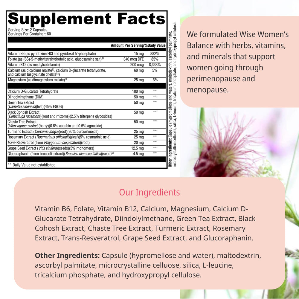 Wellena Wise Women’s Balance capsules closeup, vegetarian formula.