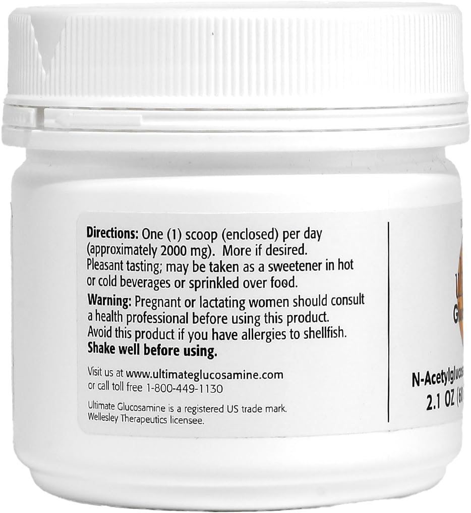 Wellesley Therapeutics Ultimate Glucosamine packaging shows ingredients and dietary features.