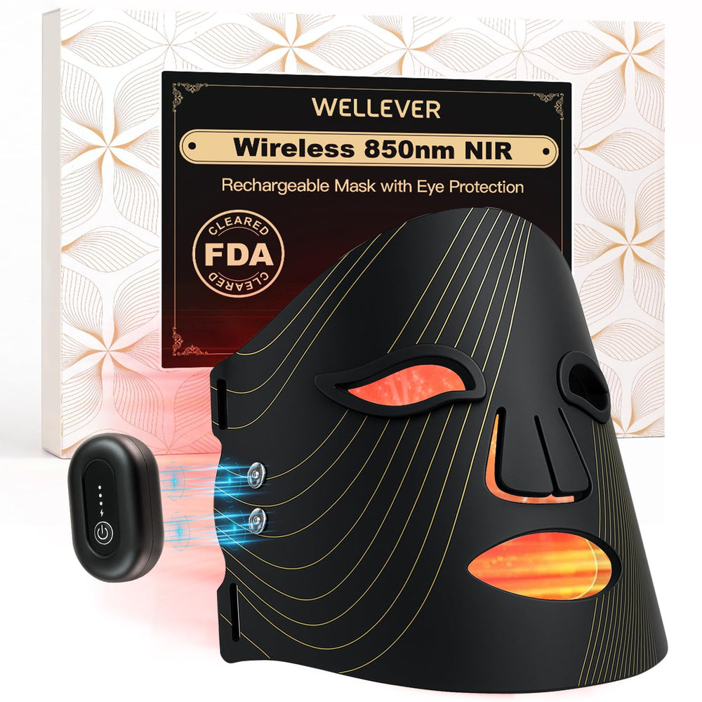 WELLEVER red light mask front view demonstrating wireless convenience for at-home use.