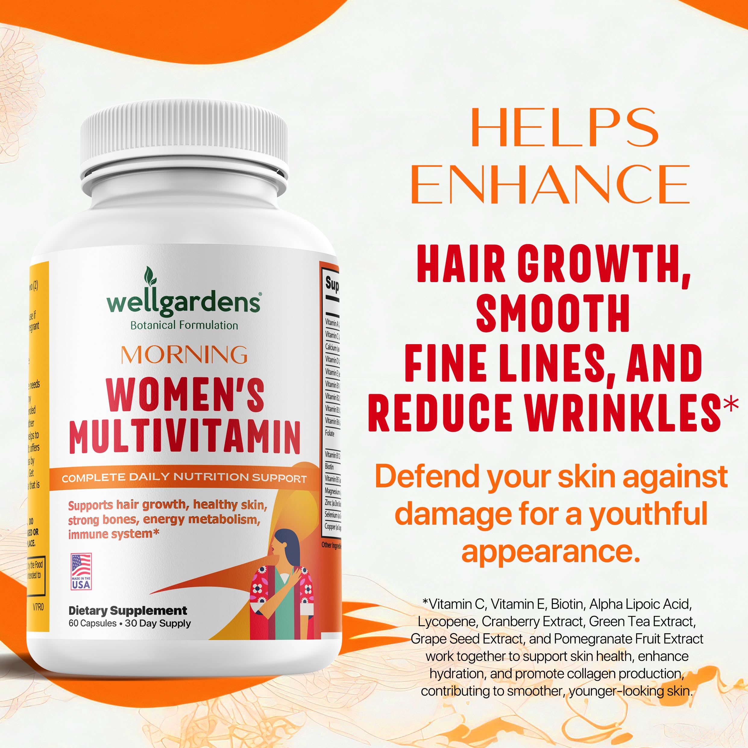 Wellgardens capsules highlight biotin and zinc for stronger, shinier hair.