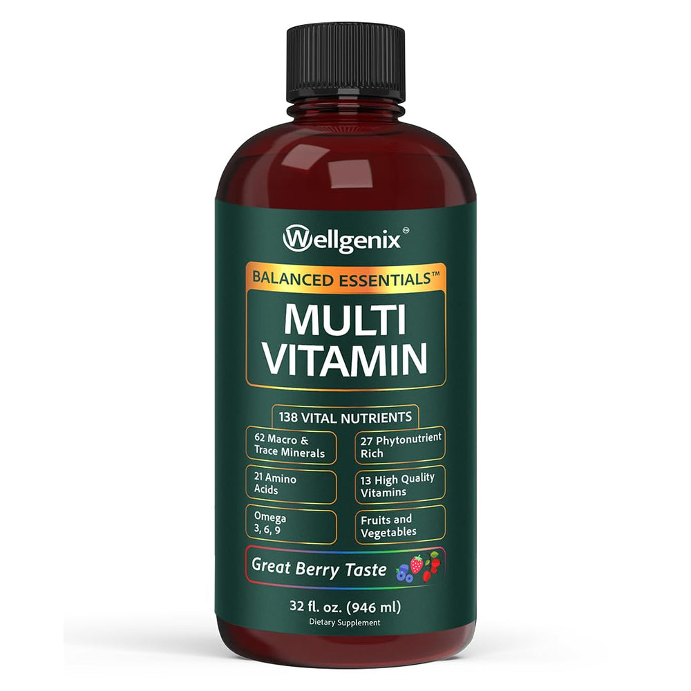 Wellgenix Balanced Essentials berry liquid bottle for convenient daily nutrition.