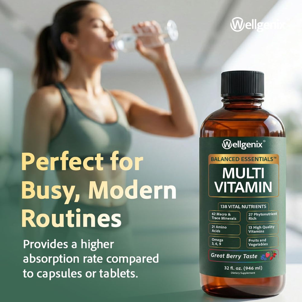 Wellgenix Balanced Essentials Plus berry flavor liquid in glass for daily energy.