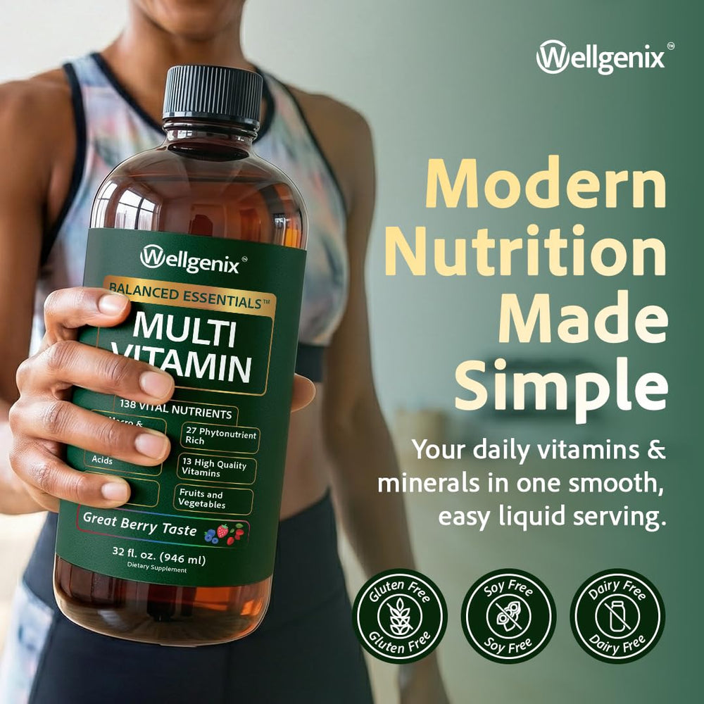 Wellgenix Balanced Essentials Plus bottle being poured into a glass.