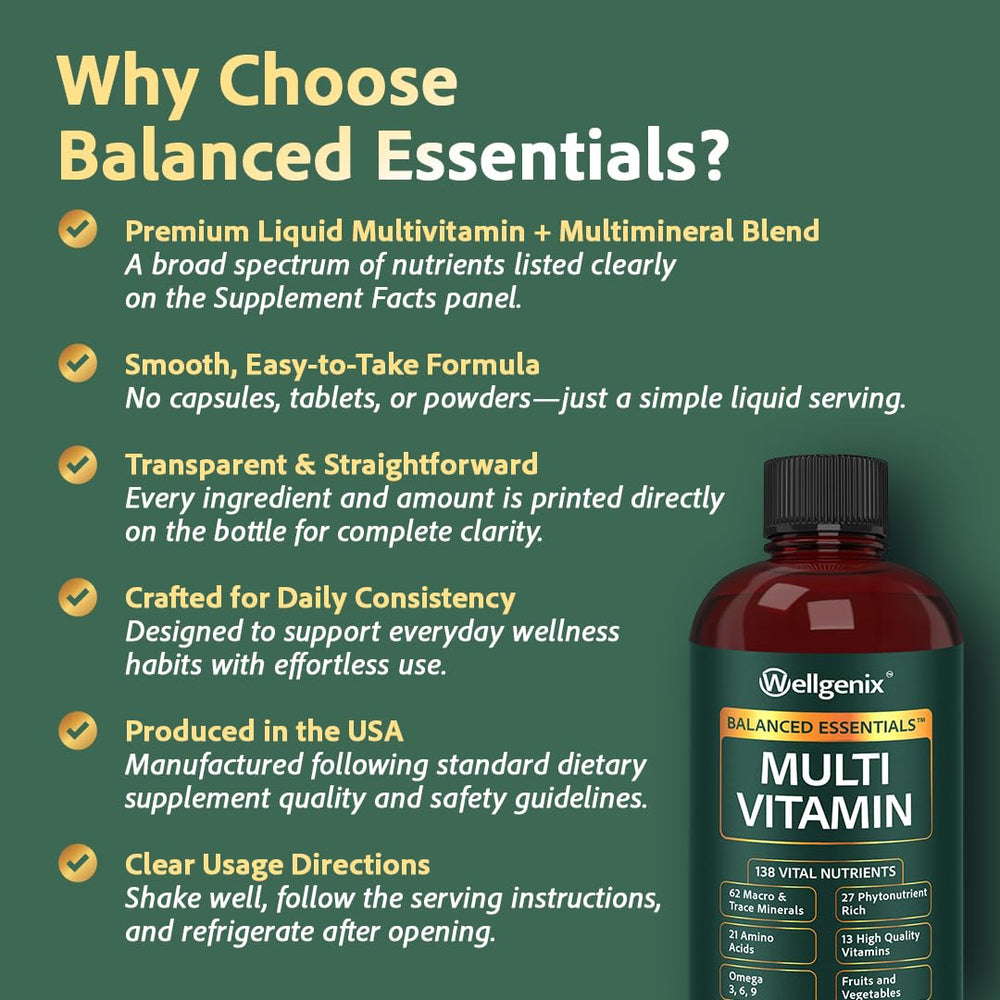 Wellgenix Balanced Essentials Plus ingredients chart highlighting vitamins and minerals.