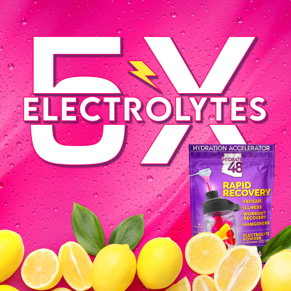 Wellgenix Hydrate48 powder and scoop demonstrate quick, easy mix for on-the-go hydration.