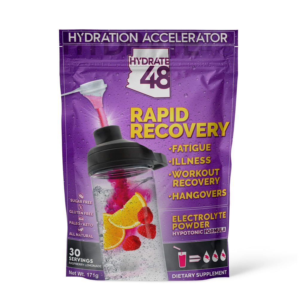 Wellgenix Hydrate48 Raspberry Lemonade packaging highlights sugar-free hydration for on-the-go.