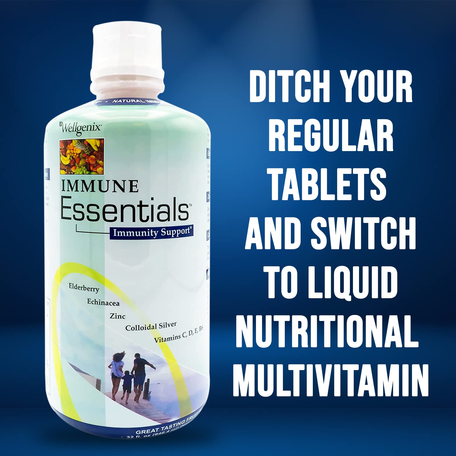 Wellgenix Immune Essentials bottle being poured into a glass