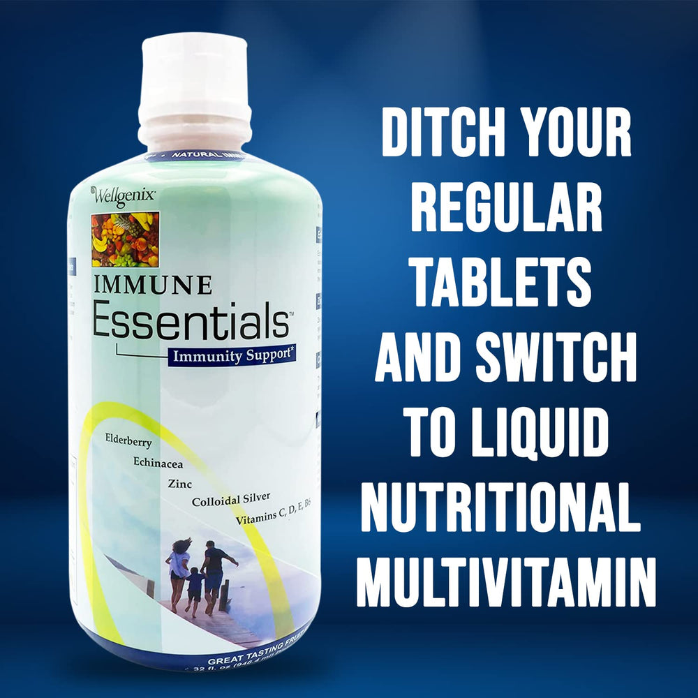 Wellgenix Immune Essentials bottle being poured into a glass
