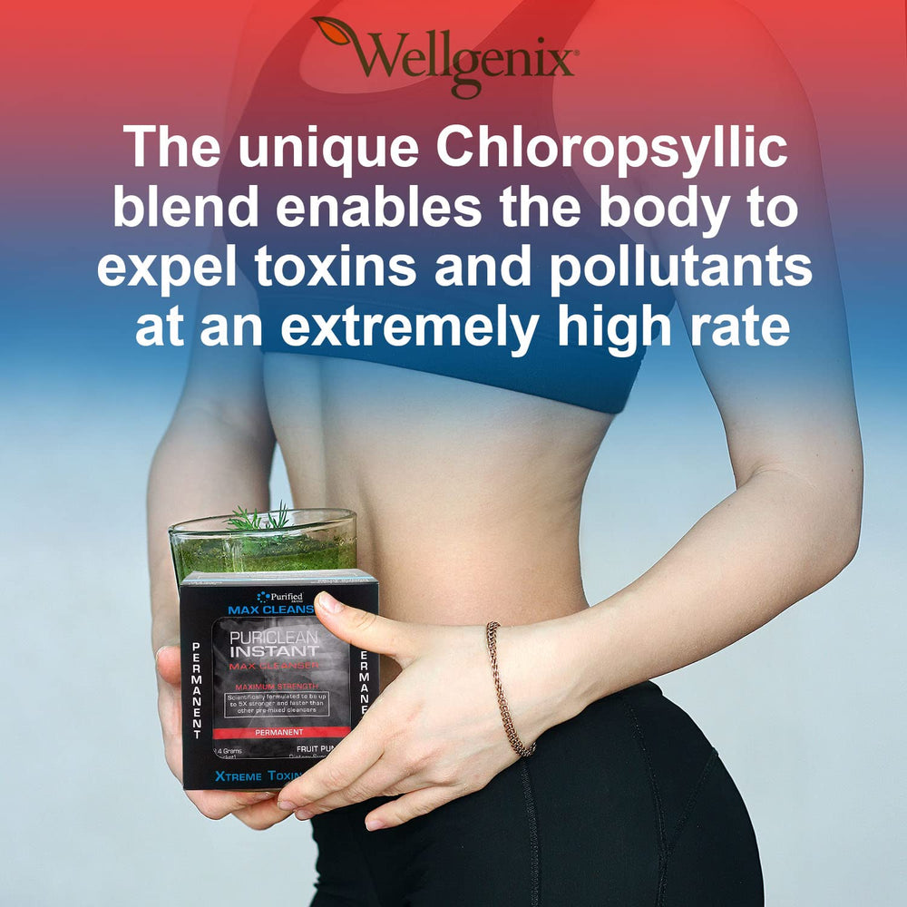 Wellgenix Puriclean digestive system cleanse served with a clear glass.